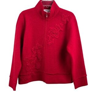 Coldwater Creek Red Boiled Felted Wool Full Zip Jacket Heavy Embroidery XL